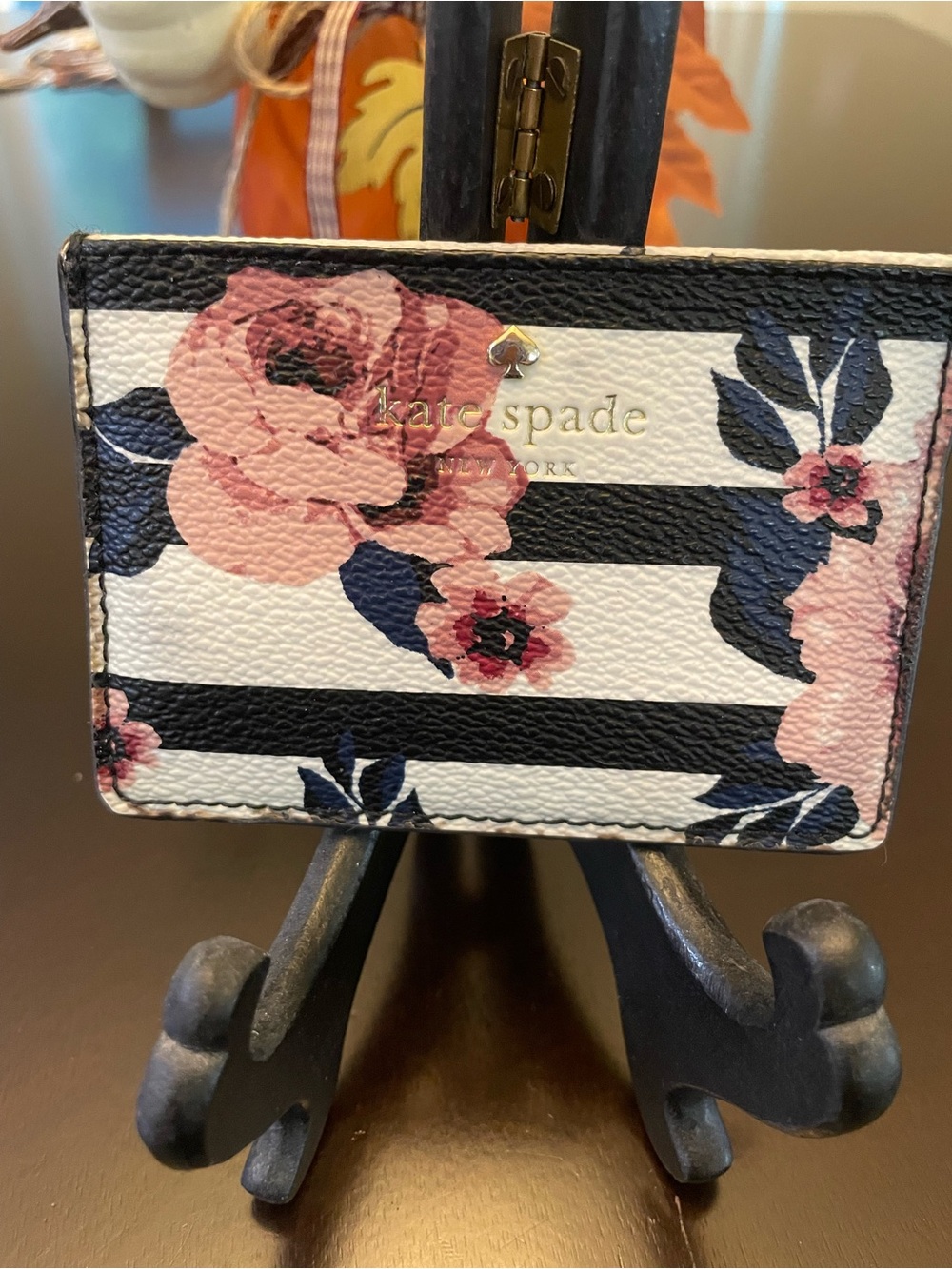 Kate Spade Black & White Stripe Card Holder with Pink Floral Print